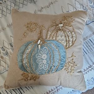 Embroidered Pumpkin Accent Pillow - Blue and Tan